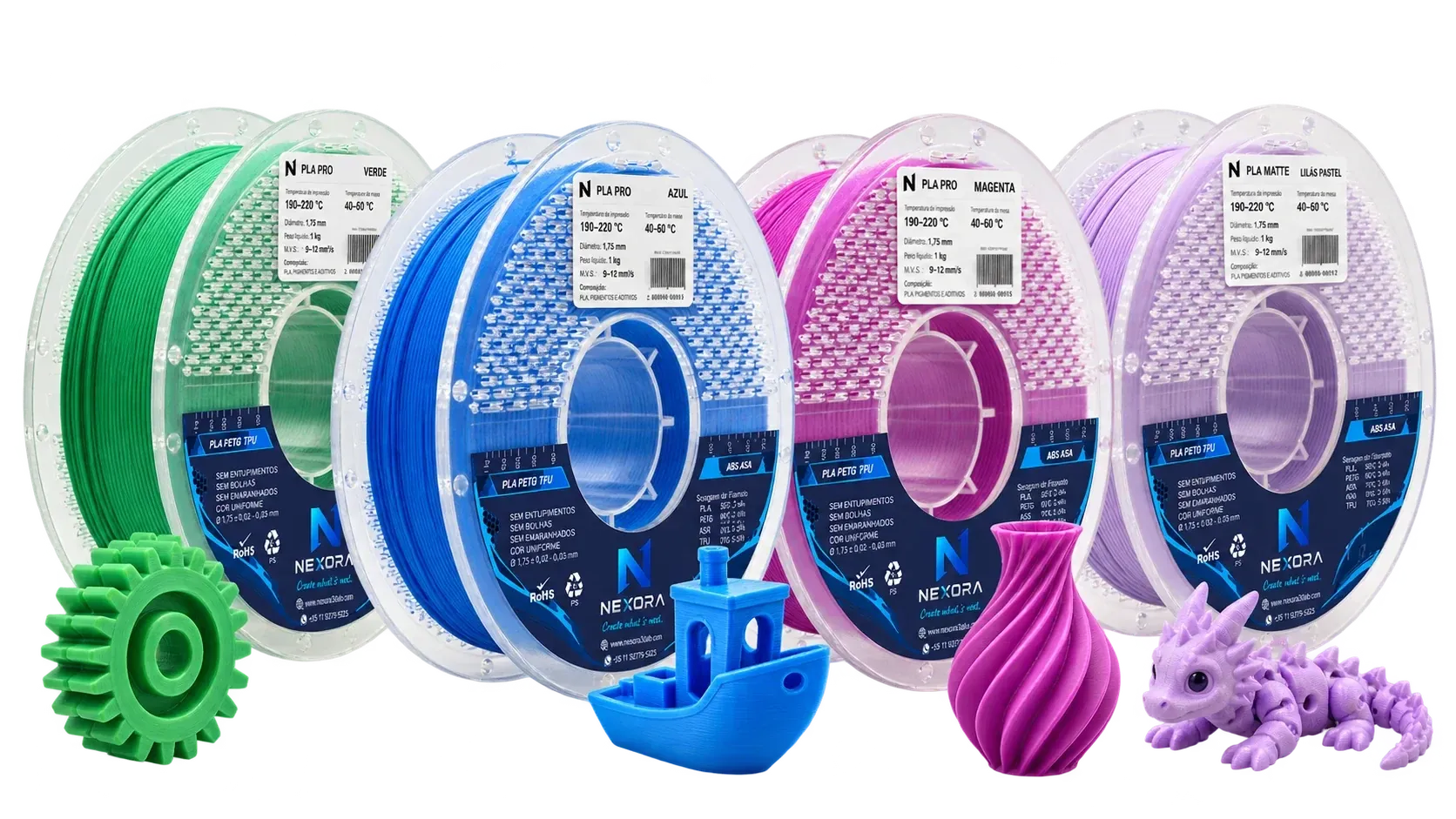 Carretéis Nexora PLA Pro Verde, Azul e Magenta e PLA Matte Lilás Pastel, cada um com uma peça impressa em 3D na mesma cor
