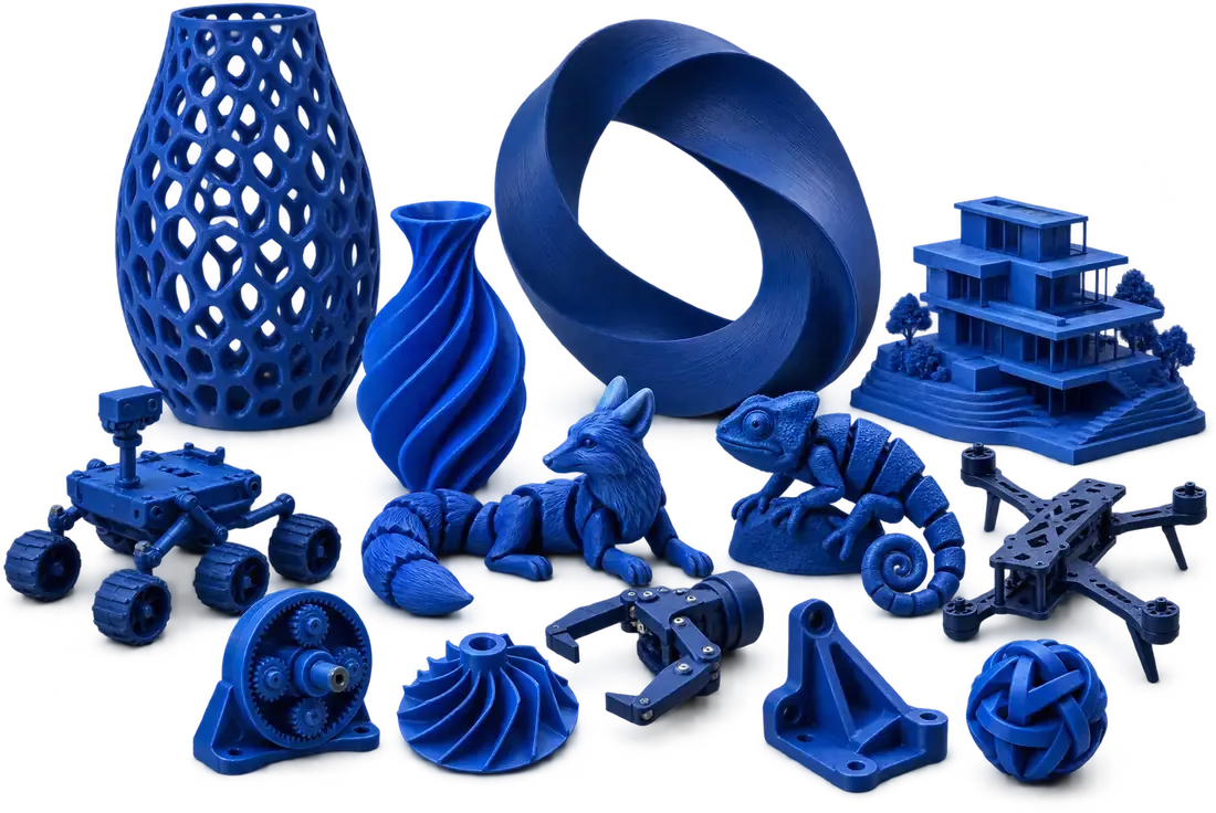 Diversas peças impressas em 3D com filamento Nexora azul